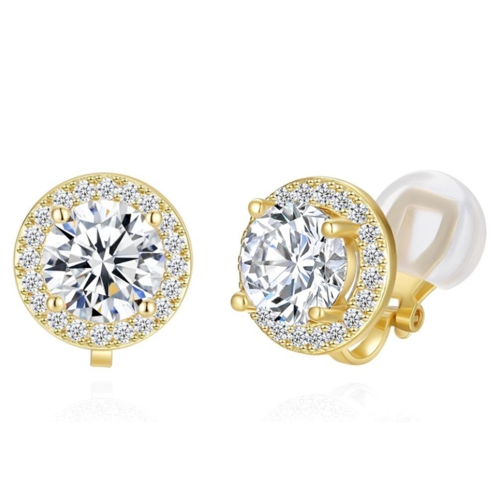 Yellow Gold with White Diamond AAA Cubic Zirconia Round Stud Clip On Earrings